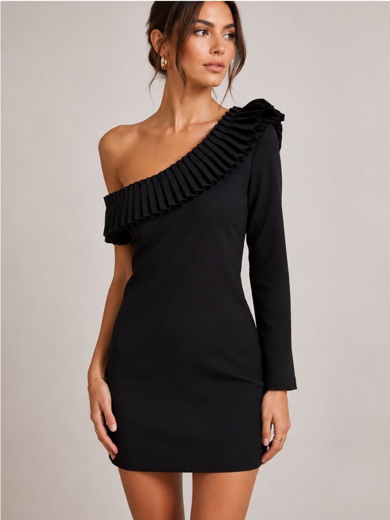 The Kooples Cocktail Black One-Shoulder Pleated Ruffle Mini Dress Nwt $425